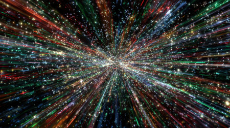An explosion of vibrant colors and particles fills the cosmic scene creating a sense of movement.の素材