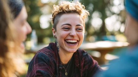 Three friends enjoy each others company sharing smiles and laughter in a vibrant park setting.の素材