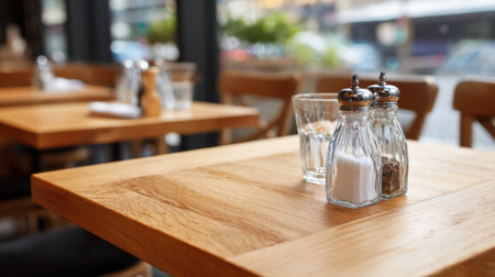 A simple wooden table holds salt and pepper shakers beside a clear glass of water creating a warm ambiance.の素材