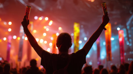 People celebrate at a lively music festival with lights illuminating the night and energy in the air.の素材