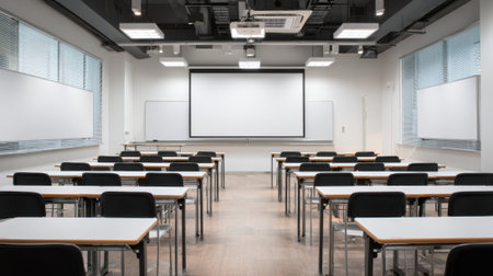 Neatly arranged desks fill the bright classroom awaiting students and inspiring learning.の素材