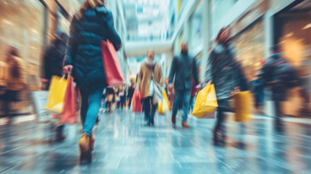 Shoppers with colorful bags hurry through a lively mall filled with activity and excitement.の素材