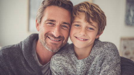 A father and his young son sit close together on a couch, both smiling warmly. The cozy indoor atmosphere features soft lighting and a relaxed vibe, ideal for bonding.の素材