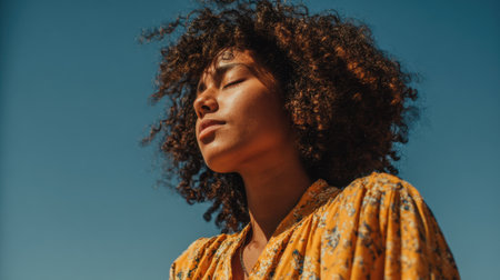 Sunlight warms her face as she embraces tranquility and peace in nature.の素材