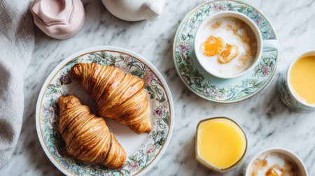 Bright morning table with flaky croissants cozy cups and refreshing drinks creating a warm atmosphere.の素材