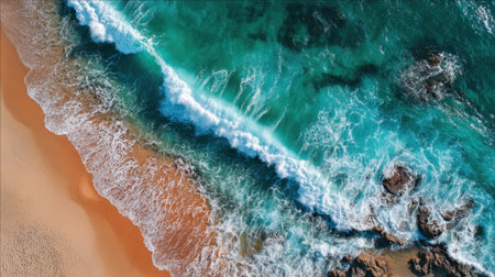 Bright turquoise waves wash over a sandy beach, revealing rocks at the shore. The scene captures the beauty of nature on a sunny day, inviting relaxation.の素材