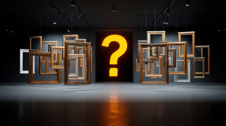 Empty frames float in a modern gallery illuminated by a large bright question mark inviting curiosity.の素材
