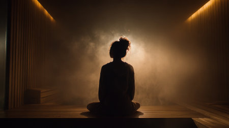A person sits peacefully surrounded by soft swirling smoke in a calming atmosphere.の素材