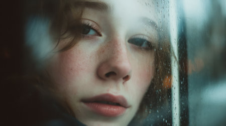 A young woman with freckles looks out a rainy window, lost in thought. The water droplets distort the outside scene, creating a calm atmosphere during a quiet moment.の素材