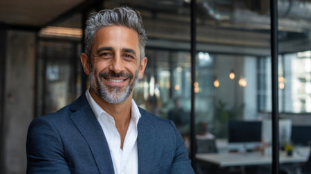 A man with gray hair and beard stands confidently in a stylish office surrounded by colleagues.の素材