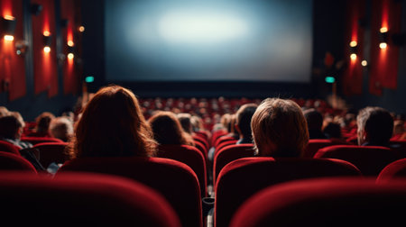 A crowd waits quietly in red velvet seats eager for the film to begin as the screen glows.の素材