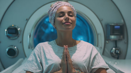 A calm woman experiences peaceful meditation inside a serene underwater chamber.の素材