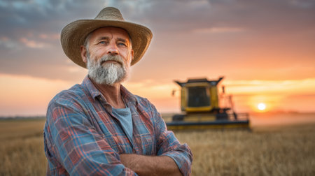 A seasoned farmer stands confidently in a golden field enjoying the sunset and harvest moment.の素材