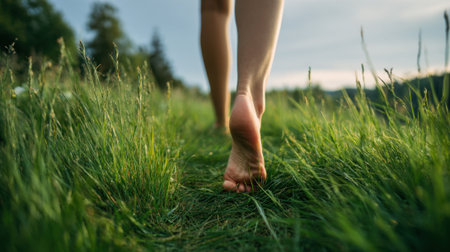 Bare feet explore soft grass in a tranquil field under a serene sky evoking a sense of calm.の素材