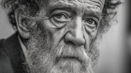 An elderly man with a weathered face looks deeply contemplative revealing many stories.の素材