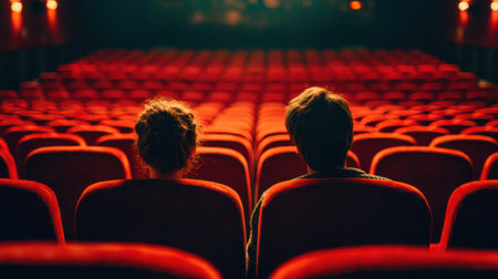 Two people sit side by side in a cozy theater surrounded by empty red seats ready for the performance.の素材