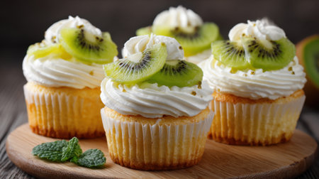 Four beautifully decorated cupcakes sit on a wooden board. Each cupcake is topped with fluffy whipped cream, fresh kiwi slices, and a sprinkle of mint for decoration.の素材