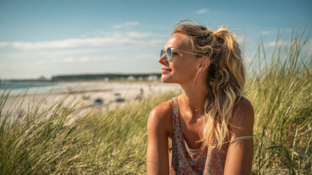 A woman relaxes by the shore smiling contently while enjoying the warm sunshine and gentle breeze.の素材