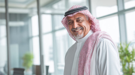 A cheerful man in traditional attire poses confidently in a bright office filled with plants.の素材