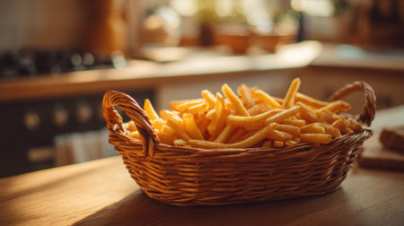Golden crispy fries fill a woven basket capturing sunlight in a cozy kitchen scene.の素材