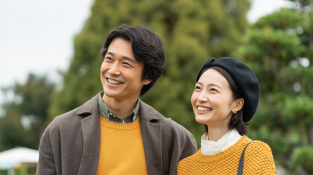 A couple stands closely together in a park, both smiling brightly. The man wears a brown coat with a green sweater, while the woman dons a yellow sweater and a black beret. Tall trees surround them.の素材