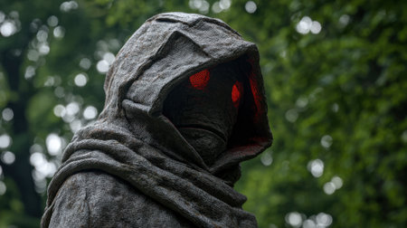 A dark figure in a hooded cloak is seen amongst green trees. The cloak has a weathered look, and the eyes glow ominously, creating a chilling atmosphere in the forest.の素材