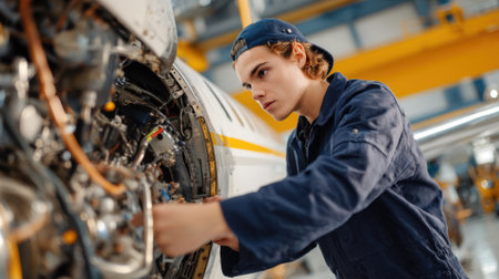 A focused young engineer repairs an aircraft engine in a well lit hangar showcasing skills and dedication.の素材