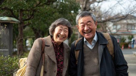 An elderly couple stands close together in a serene park, smiling brightly at each other under the clear blue sky. They are dressed warmly, enjoying a peaceful winter day.の素材