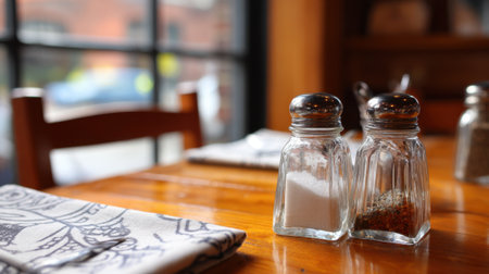 Two glass shakers filled with salt and pepper sit on a wooden table creating a welcoming scene.の素材