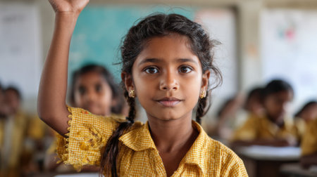 A cheerful girl with braided hair is raising her hand ready to answer a question in class.の素材