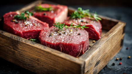 Quality beef cuts arranged on a wooden tray garnished with herbs and spices inviting for culinary preparations.の素材
