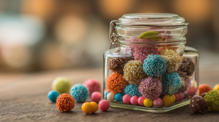 Brightly colored candies fill a glass jar, surrounded by scattered sweets on a wooden table. The cheerful display adds a fun mood, inviting anyone to enjoy a treat.の素材