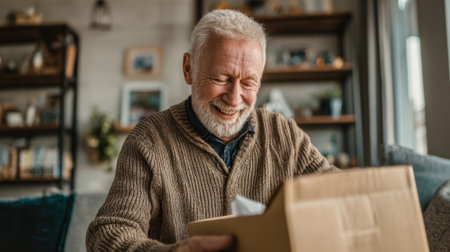 A joyful senior man unpacks a cardboard box smiling as he discovers its contents in his home.の素材