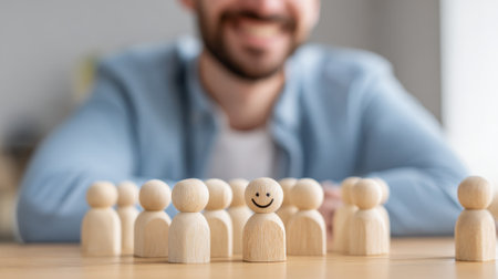 Wooden figures arranged in a circle create a lively atmosphere of teamwork and positivityの素材