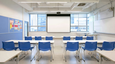 A spacious classroom features blue chairs arranged for students with a screen for presentations.の素材