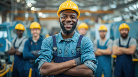 A confident worker in a hard hat leads a group of skilled colleagues all smiling in unity.の素材