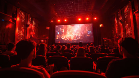A lively theater filled with viewers enjoying an exciting movie surrounded by glowing red lights.の素材
