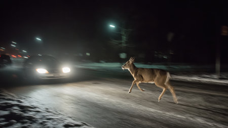 A deer rushes across a dark road under night lights while a car approaches. The snow-covered ground adds to the winter atmosphere surrounding the scene.の素材
