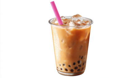 Delicious iced bubble tea filled with chewy tapioca pearls sitting on a bright table under sunlight.の素材