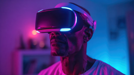 An older man immerses himself in a virtual reality world surrounded by colorful lights that enhance his experience.の素材