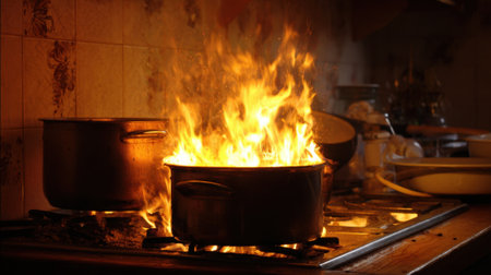 A large pot on a stove catches fire, sending flames high while another pot simmers nearby. The kitchen is filled with activity and smoke as staff respond quickly.の素材