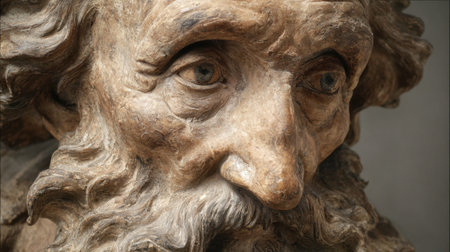 The sculpture reveals deep grooves and a weathered texture highlighting the artists skill in capturing emotion.の素材