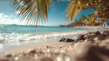 Soft sands glimmer under sunlight as gentle waves lap the shore framed by palm trees.の素材