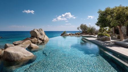 A stunning infinity pool merges with the ocean view, framed by large rocks and lush greenery under a clear blue sky. The tranquil setting invites relaxation and beauty.の素材