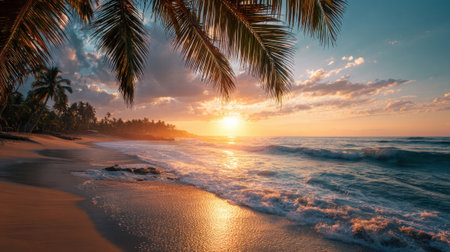 Golden sunlight reflects off gentle waves as the sun sets on the horizon. Palm trees sway softly above a serene beach, creating a peaceful atmosphere.の素材