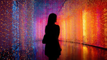 A silhouette stands in a dazzling tunnel of lights reveling in the vibrant colors.の素材