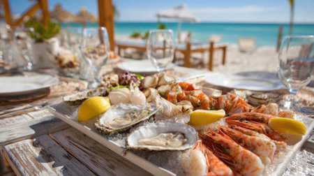 A refreshing seafood platter is beautifully arranged on a wooden table by the beach showcasing fresh delights.の素材