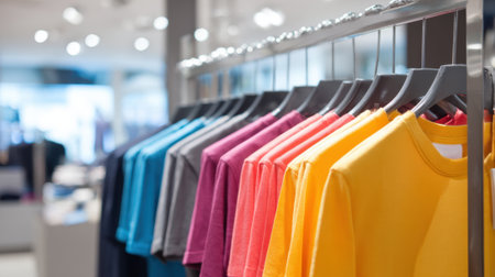 A vibrant display of t shirts in various colors is neatly arranged in a clothing shop attracting shoppers.の素材