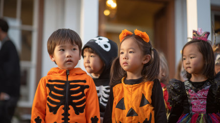 Children dressed in Halloween costumes gather together outside, showing excitement and anticipation for the festivities. The warm glow of sunset adds a magical touch to the scene.の素材