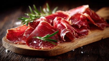 Delicious slices of cured meat are artistically arranged on wood garnished with herbs and salt.の素材